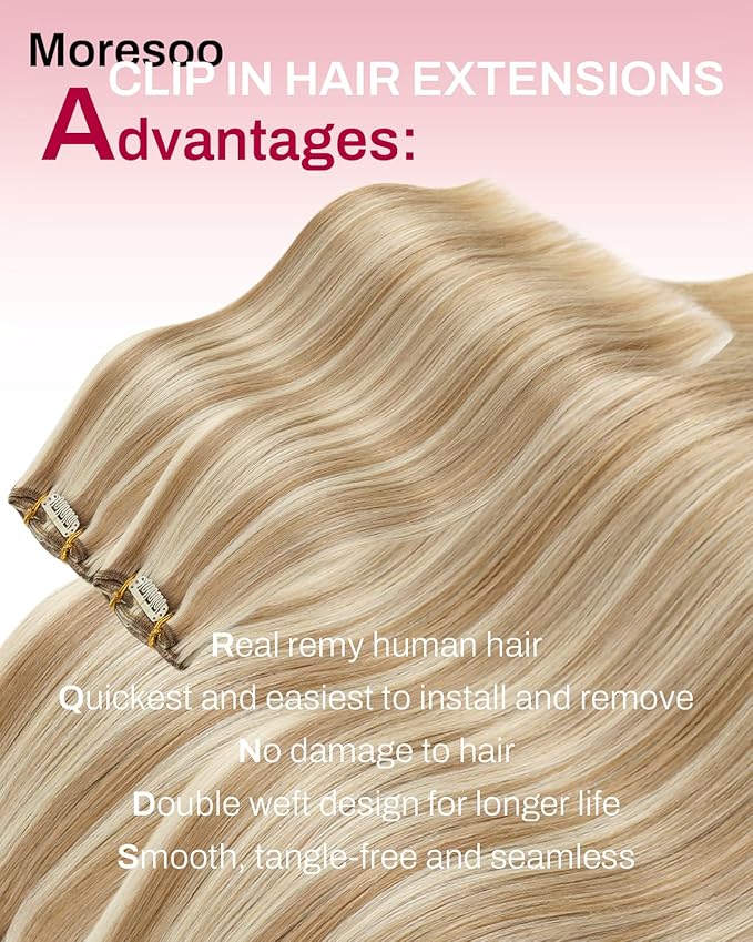 Moresoo Clip in Hair Extensions Brown with Blonde Highlights Remy Human Hair Clip in Extensions Medium Brown with Golden Platinum Blonde for Women Short 80g/5pcss 14 inch Double Weft