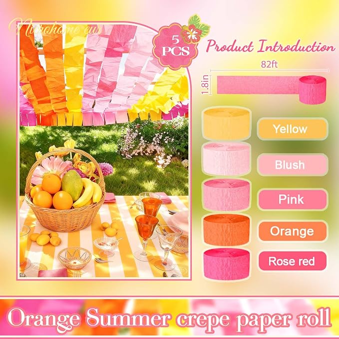 NICROHOME EUR Retro Orange Pink Summer Party Crepe Paper Streamers 5 Rolls | - Image 7