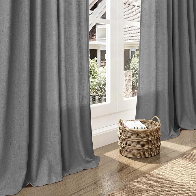 Dark Grey Linen Extra Long Curtain 108 Inches Long 2 Panels Set Back Tab Drapes - Image 6