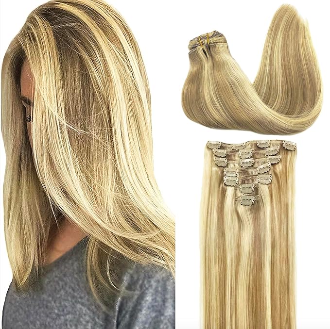 GOO GOO Clip in Hair Extensions Real Human Hair, Remy Human Hair Extensions Clip ins for Women, Natural Human Hair, 24inch 170g 7Pcs, #16/22 Light Blonde Highlighted Golden Blonde