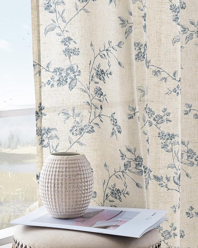 jinchan Blue Floral Linen Curtains 96 Inch French Country Back Tab 2 Panels | - Image 5
