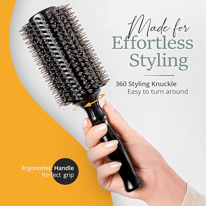 Belula Boar Bristle Round Brush for Blow Drying Set. Round Hair Brush With Large 2.7” Wooden Barrel. Hairbrush Ideal to Add Volume and Body. Free 3 x Hair Clips & Travel Bag.