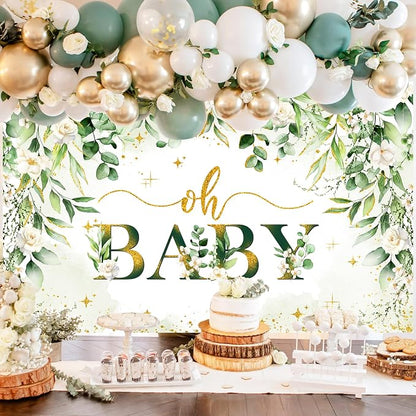 Greenery Boy Baby Shower Decorations Banner Floral Green Sage Oh Baby Backdrop - Image 4