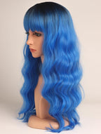 Blue Hair Wavy Wigs With Bangs For Women Synthetic Blue Wigs For Daily Use Everyday Wear.