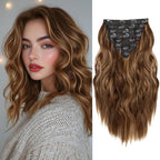 Hair Extensions for Women, 8PCS 16 Inch Curly Light Brown Clip in Hair Extensions Mix Blonde, Synthetic Wavy Full Head Thick Hairpieces for Women