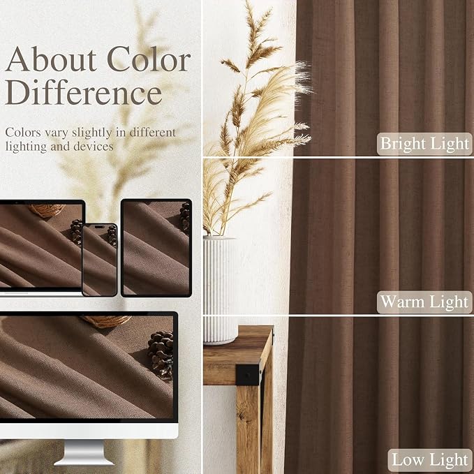 Caramel Brown Linen Curtains for Living Room 95 Inches Long Back Tab and Rod - Image 3