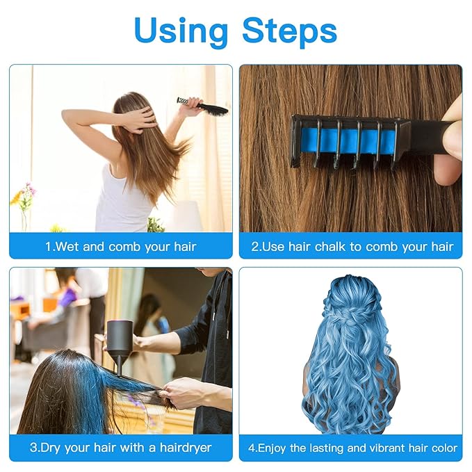 New Hair Chalk Comb Temporary Bright Hair Color Dye for Girls Kids, Washable Hair Chalk for Girls Age 4 5 6 7 8 9 10 New Year Birthday Cosplay DIY, Halloween, Christmas (Blue)