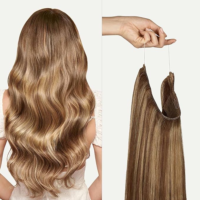 Luxy 100% Remy Human Hair – Halo Clip-In Hair Extensions –Natural Looking Volume & Length - One-Piece - Easy 5-Min Application 180 grams 20" Chestnut Brown Highlights