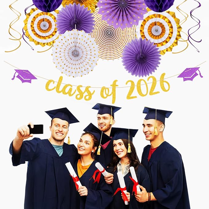 Purple-White Gold Party-Decorations Graduation Banner-Streamers - Image 4