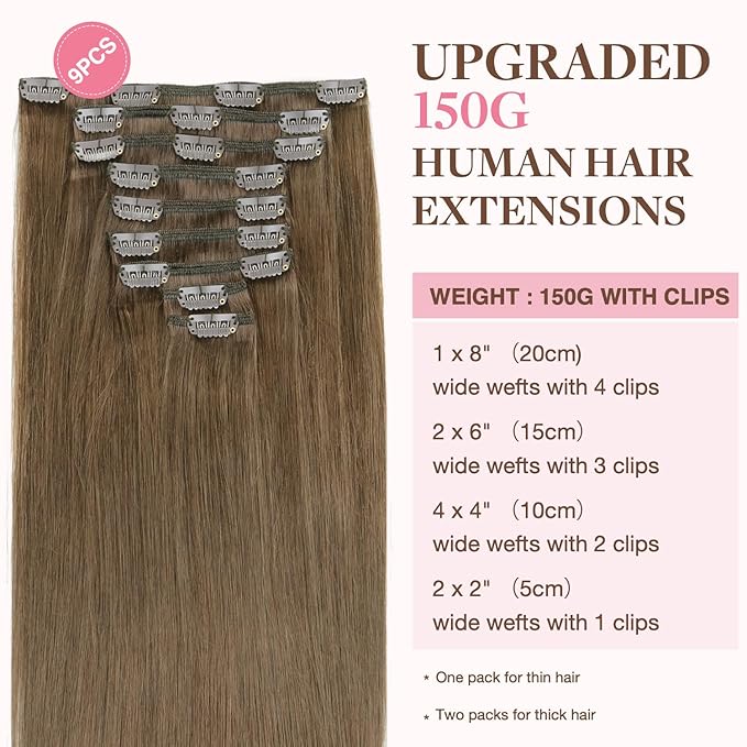 GOO GOO Clip in Hair Extensions Real Human Hair, Remy Human Hair Extensions Clip ins for Women, Natural Human Hair, 14inch 150g 9Pcs, 5 Light Ash Brown