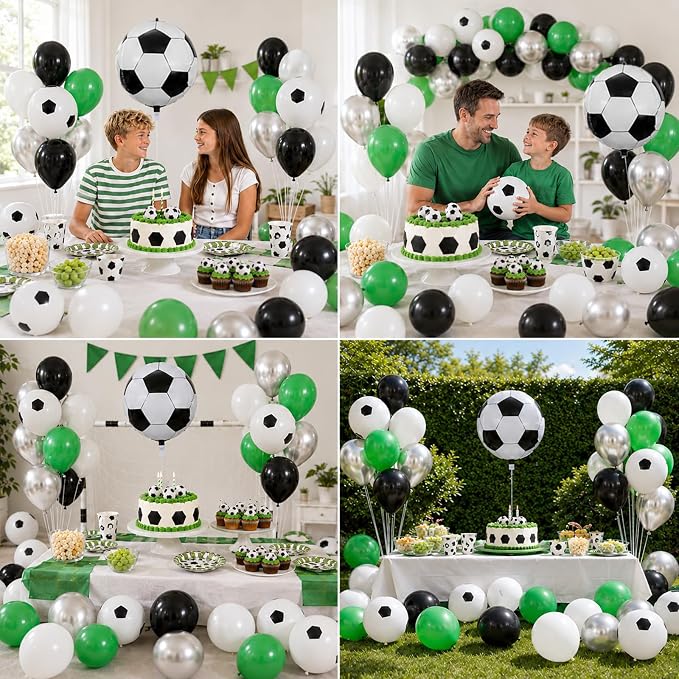 Soccer Balloons, 12 Inch Green Black White Metallic Silver Latex Balloons - Image 9