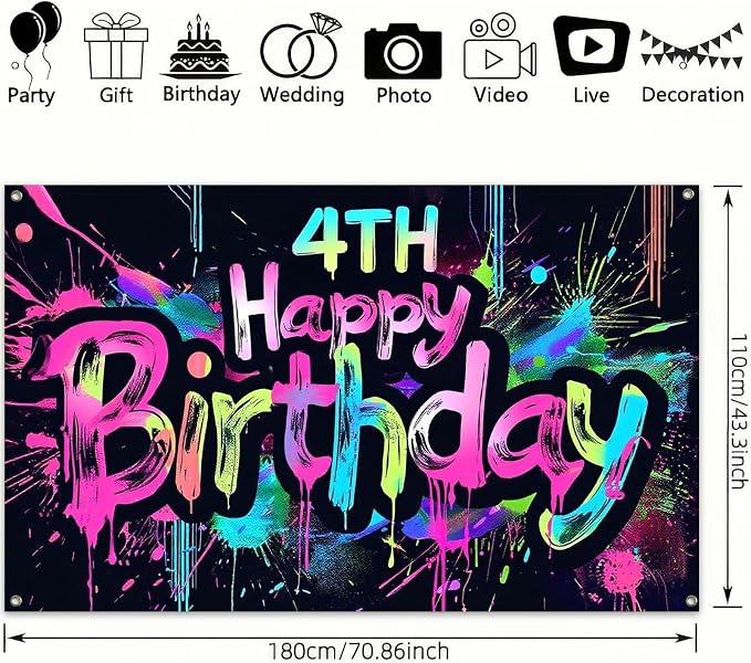 HOMETITUTE Neon 4th Birthday Party Banner 71x43 Inch Paint Splatter Walls Decor - Image 3