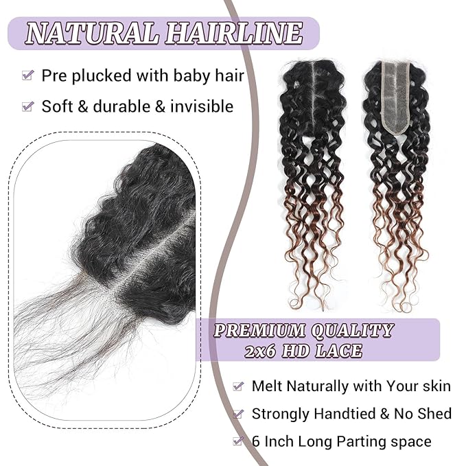 T1B/2/30 Ombre Water Wave Lace Closure 2x6 100% Real Human Hair 16 Inch Chestnut Brown Ombre Water Wave Transparent Lace Closure