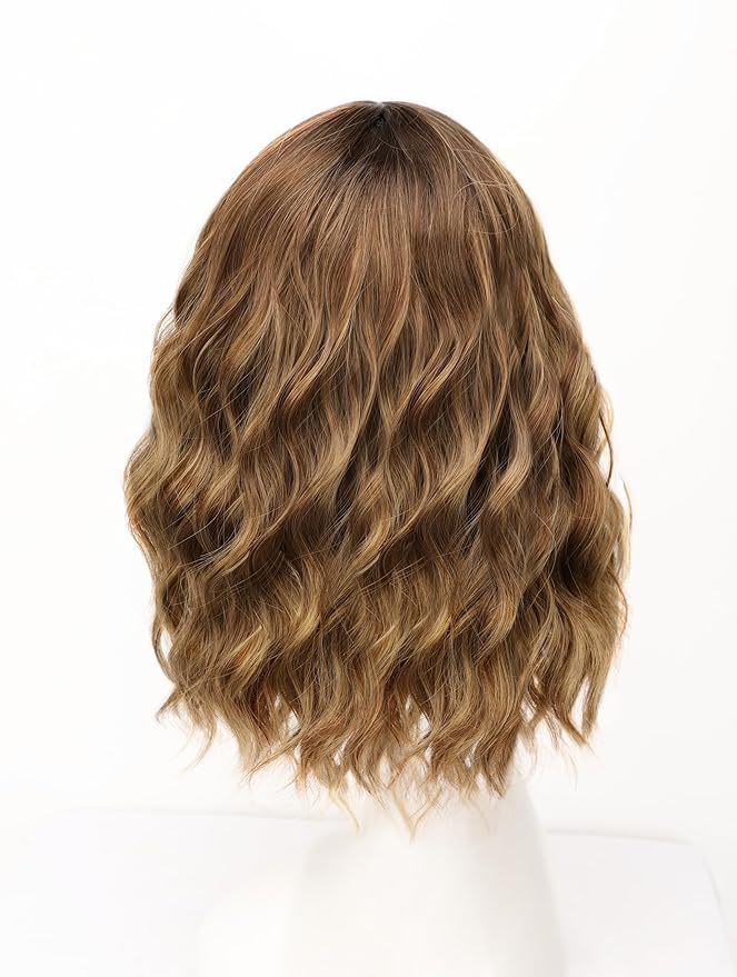 AISI HAIR Honey Blonde Mix Brown Synthetic Wavy Curly Bob Wig with Bangs Short Wavy Hair for Women Synthetic Heat Resistant Bob Wigs