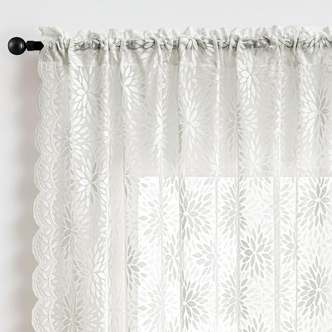 MIULEE Vintage Floral Scalloped Lace Curtains 2 Panels, Semi Sheer Curtains - Image 6