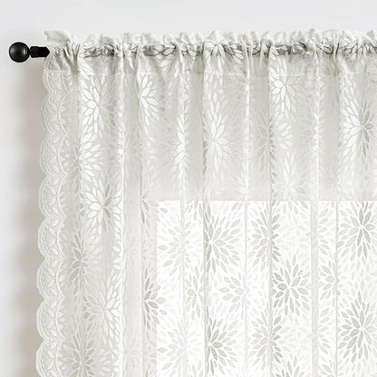 MIULEE Vintage Floral Scalloped Lace Curtains 2 Panels, Semi Sheer Curtains - Image 6