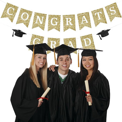 Congrats Grad Banner Gold Glitter Pre-Strung Congrats Grad Sign Decorations - - Image 6