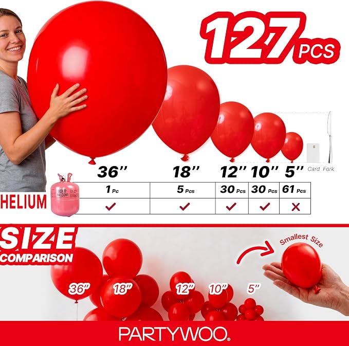 PartyWoo Red Balloons 127pcs Different Sizes of 36 18 12 10 5 Inch | Balloons - Image 6