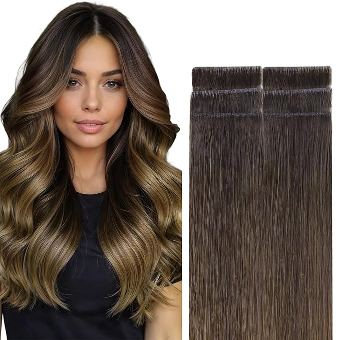 GOO GOO Invisi Edge Tape in Hair Extensions Human Hair, 1D/2C/4E Chocolate Dip Color Melt, 6pcs 14inch 15g, Virgin Remy Hair, Seamless Injected Tape, Natural Look