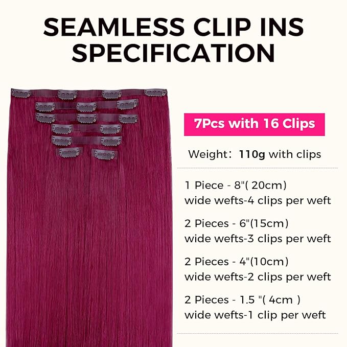 Lashey Seamless Clip in Hair Extensions Human Hair 110g 7pcs Burgundy #99j Straight 18 Inch Hair Extensions Clip ins with Soft Invisible PU Weft for Women