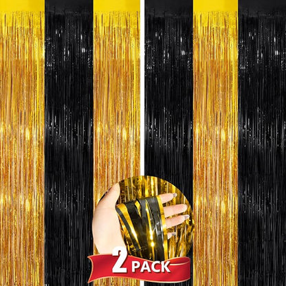 Black Gold Metallic Tinsel Foil Fringe Curtains, 2 Pack 3.3x8.3 Feet Party by NUWDHP