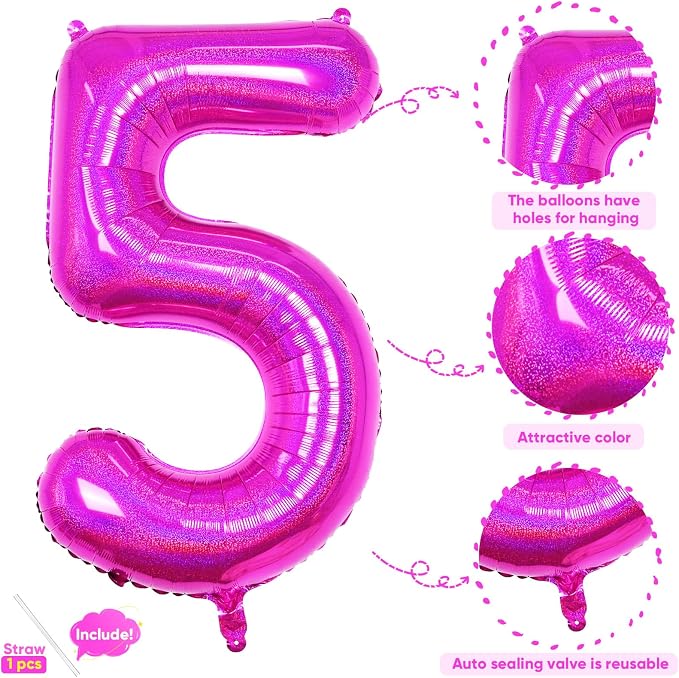 Hot Pink 5 Balloon, 40 Inch Large Laser Hot Pink Foil Helium Number Balloons 0-9 - Image 3