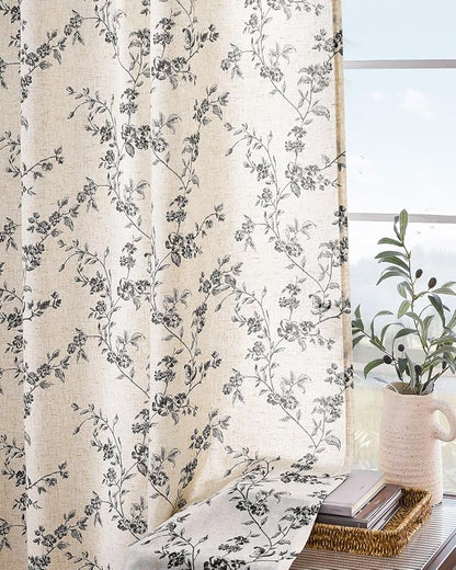Black Vintage Floral Linen Curtains Farmhouse 38W X 90L 2 Panels | Elisa Series - Image 8