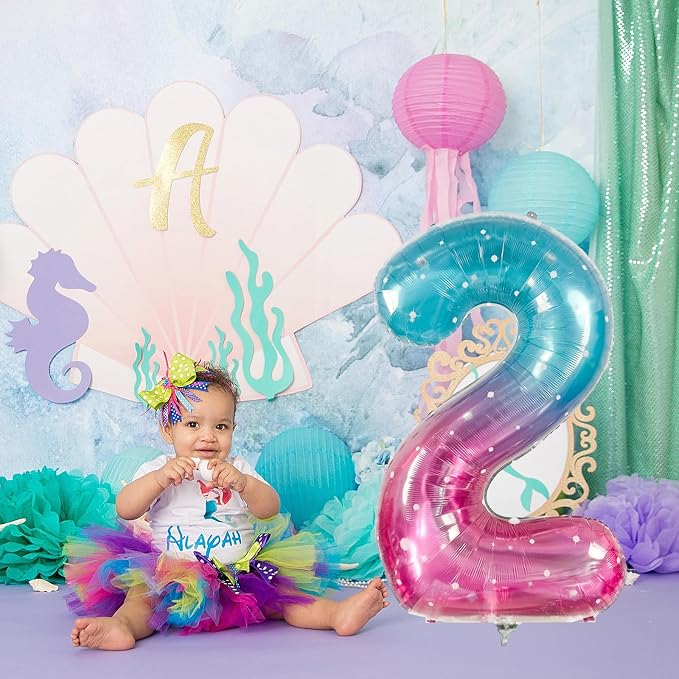 Mermaid 2 Balloons, 40 Inch Giant Rainbow Starry Helium Mylar Foil Number 0-9 - Image 6