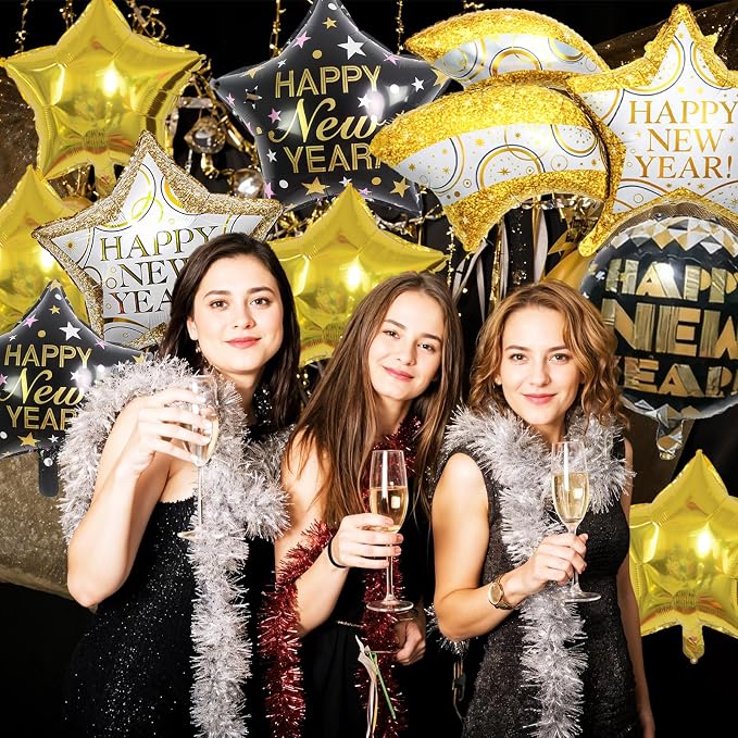 Black and Gold Happy New Year Balloons, 18 Inch Large Size Foil Balloons - Image 4