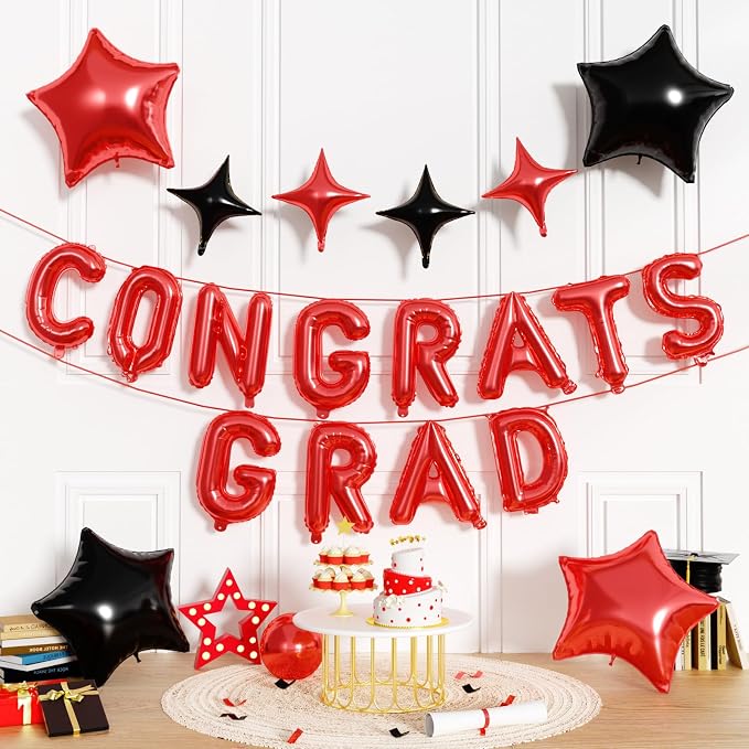 Congrats Grad Balloons, 16 Inch Red Black Congrats Grad Letters Banner Balloons by FunHot