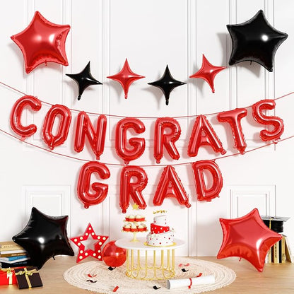 Congrats Grad Balloons, 16 Inch Red Black Congrats Grad Letters Banner Balloons by FunHot
