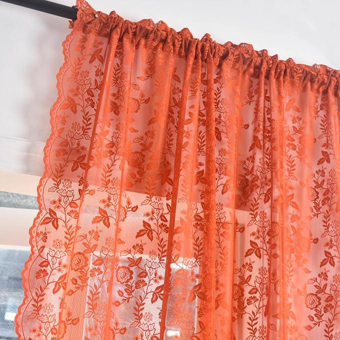 FINECITY Burnt Orange Floral Lace Curtains - Image 3