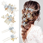 Wedding Flower Hair Accessories for Women: 4pcs Leaf and Flower Hair Combs for Women Accessories - Crystal Pearl Wedding Flower Clips Headpiece for Brides Bridesmaids Girls Updo (Blue)