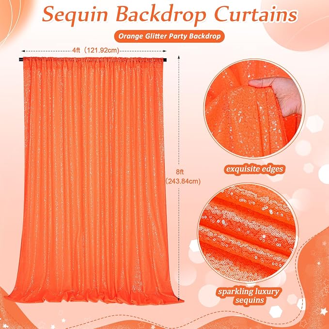 Orange Sequin Backdrop Curtains, 2 Panels 4FTx8FT Orange Curtain Backdrop - Image 3