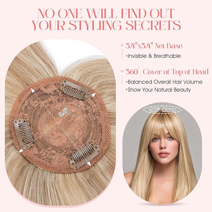 Hairro Mono Hair Toppers with Bangs, 3.4" x 3.4" Mono Base 100% Real Human Hairpieces for Women, 150% Density Clips In Topper for Greyish Thinning Hair, 14 Inch Golden Brown Mix Bleach Blonde