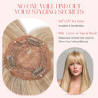 Hairro Mono Hair Toppers with Bangs, 3.4" x 3.4" Mono Base 100% Real Human Hairpieces for Women, 150% Density Clips In Topper for Greyish Thinning Hair, 16 Inch Golden Brown Mix Bleach Blonde