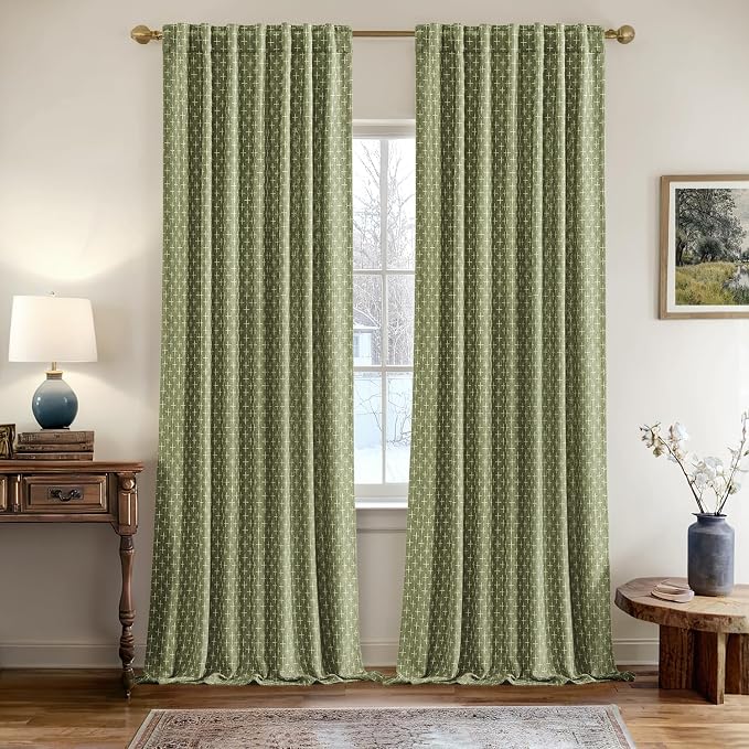 MIULEE Patterned Farmhouse Linen Curtains, Back Tab, Sage Green | Linen Curtains - Image 2