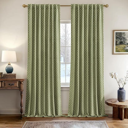 MIULEE Patterned Farmhouse Linen Curtains, Back Tab, Sage Green | Linen Curtains - Image 2