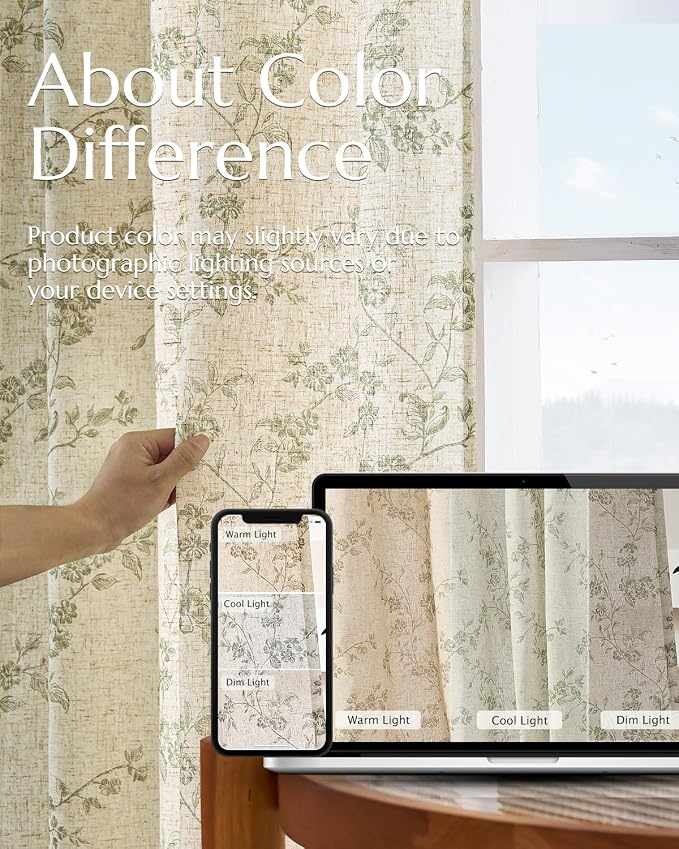 jinchan Green Floral Linen Curtains 90 Inch Farmhouse Back Tab 2 Panels | - Image 7