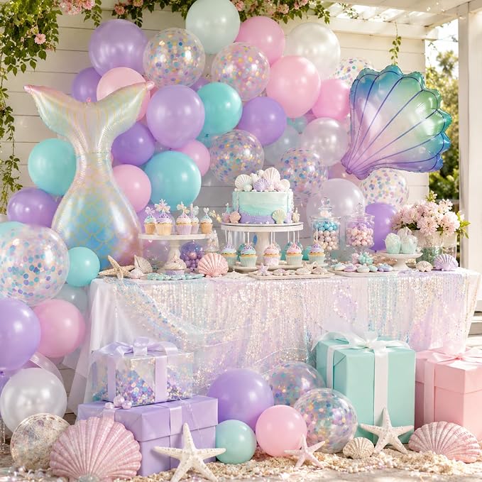 Mermaid Balloons for Girls Party Decor | 12 Inch Pink Purple Mermaid Theme - Image 7