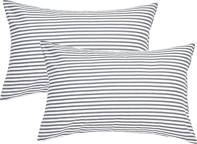 JELLYMONI 100% Natural Cotton Plaid King Pillowcases Set, 2 Pack Dark Gray with White Stripes Pattern Printed Pillow Covers with Envelope Closure(Pillows are not Included)