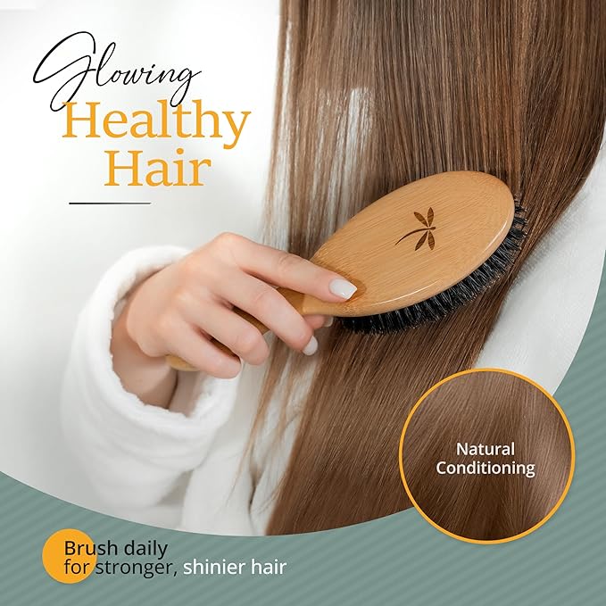 100% Boar Bristle Hair Brush for Women Set by Belula (L Size). Soft Natural Bristles for Thin and Fine Hair. Wooden Comb, Travel Bag and Spa Headband Included!