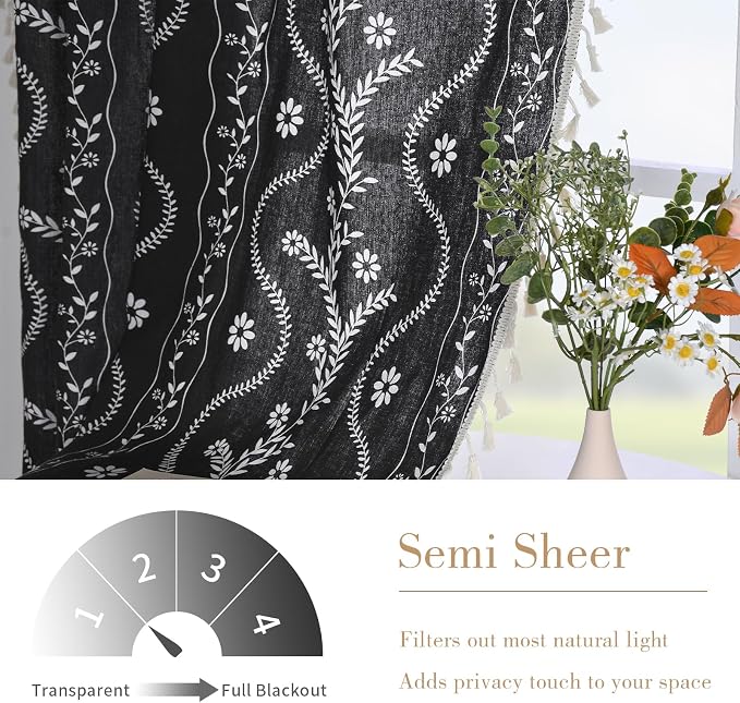 Schweek Black Boho Curtain Tassel 96 Inches Length 2 Panels - Image 3