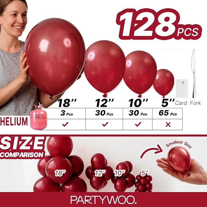 PartyWoo Burgundy Balloons 128pcs Dark Chestnut Red Maroon Color | 18 12 10 5 - Image 6