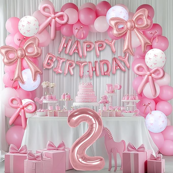 Bow Number 2 Birthday Balloons, 40” Pink Aluminum Foil Balloons Happy Birthday - Image 7