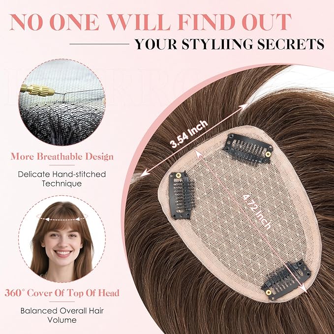 Hairro Human Hair Toppers with Wispy Bangs, 3.5x4.7" Hand-wovened Base for Women with Thinning Hair, Lightweight & Breathable Realistic Scalp, Clip-in Hairpieces for Easy Wear, 10 Inch Dark Brown