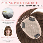 Hairro Human Hair Toppers with Wispy Bangs, 3.5x4.7" Hand-wovened Base for Women with Thinning Hair, Lightweight & Breathable Realistic Scalp, Clip-in Hairpieces for Easy Wear, 15 Inch Dark Brown