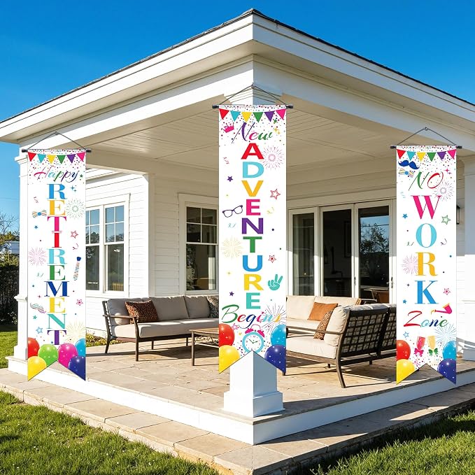 3Pcs Retirement Porch Sign Door Hanging Banner Colorful White Happy Retirement - Image 6
