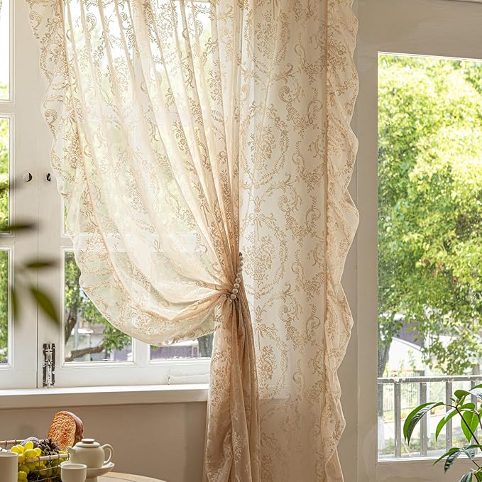 Deeprove Beige Lace Curtains 63 inches Length 2 Panels Set Sheer Boho Florals by Deeprove