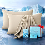 Ultra-Chill Cooling Pillowcase Set of 2 for Hot Sleepers, Softer Than Silk Pillow Cases for Protecting Hair & Skin, Breathable Bed Pillow Covers w/Zipper, Gifts for Women & Men(Beige, Queen)